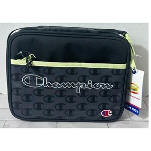 Champion Insulated Lunch Box Black Lime Green Hard Shell Tray Logo Print NWT